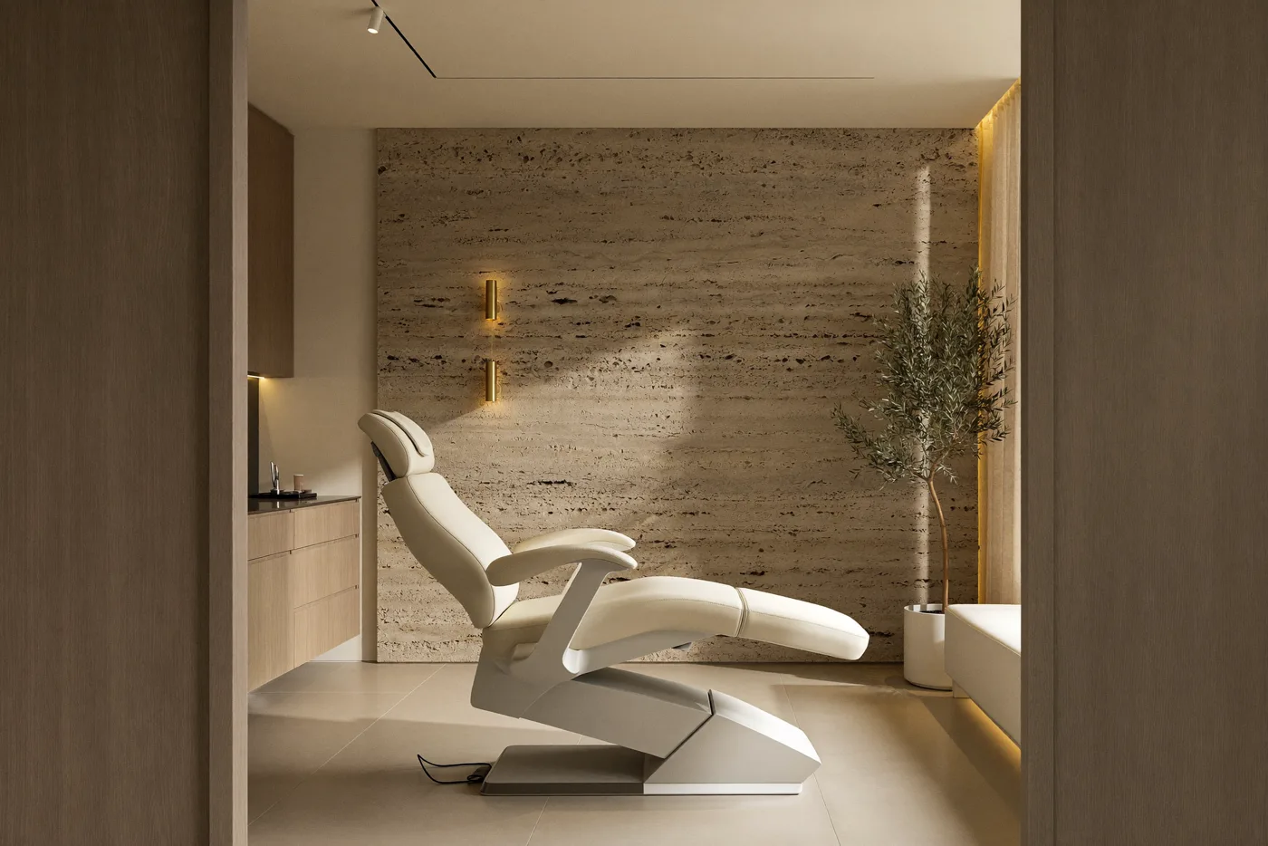 Warm minimalist cosmetic dental suite with travertine wall