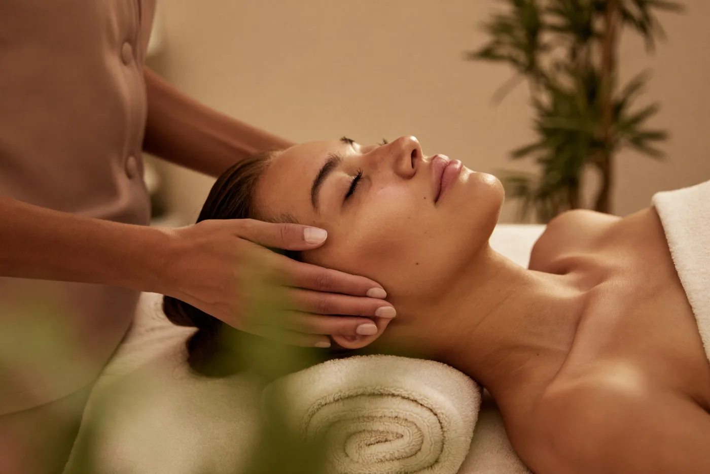 Client receiving a calm facial treatment in a warm med spa room