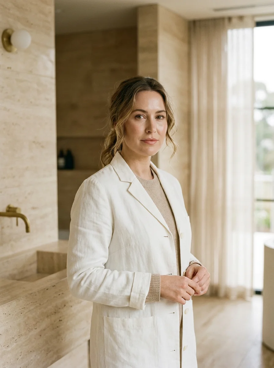 Aesthetic medicine practitioner in an ivory coat in a warm clinic